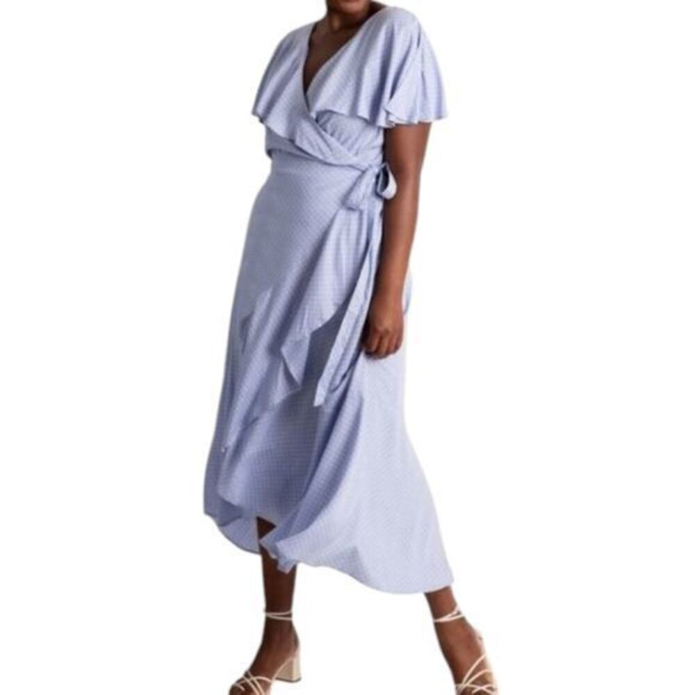 Eloquii Women 16 Blue White‎ Polka Dot Ruffle Wrap Dress Midi Flutter Sleeve